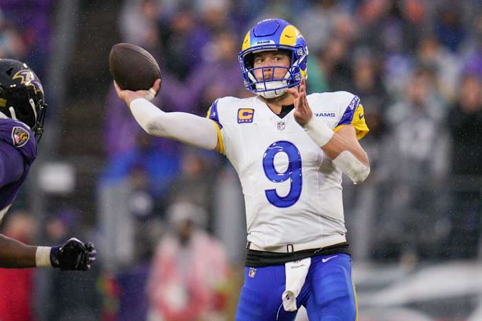 Dec 10, 2023; Baltimore, Maryland, USA; Los Angeles Rams quarterback Matthew Stafford (9) passes against the Baltimore Ravens during the fourth quarter at M&T Bank Stadium.